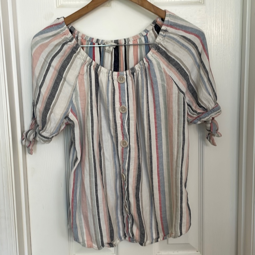 Cato Striped Button-Down Blouse in White, Pink, Blue, Gray